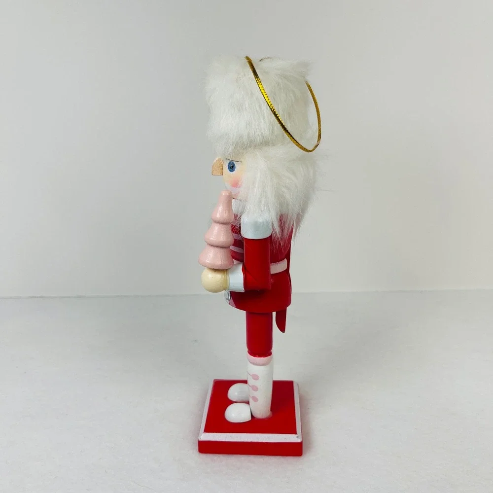 Red and Pink Wooden Nutcracker Soldier with Faux Fur Hat and Pink Tree 8 Inch